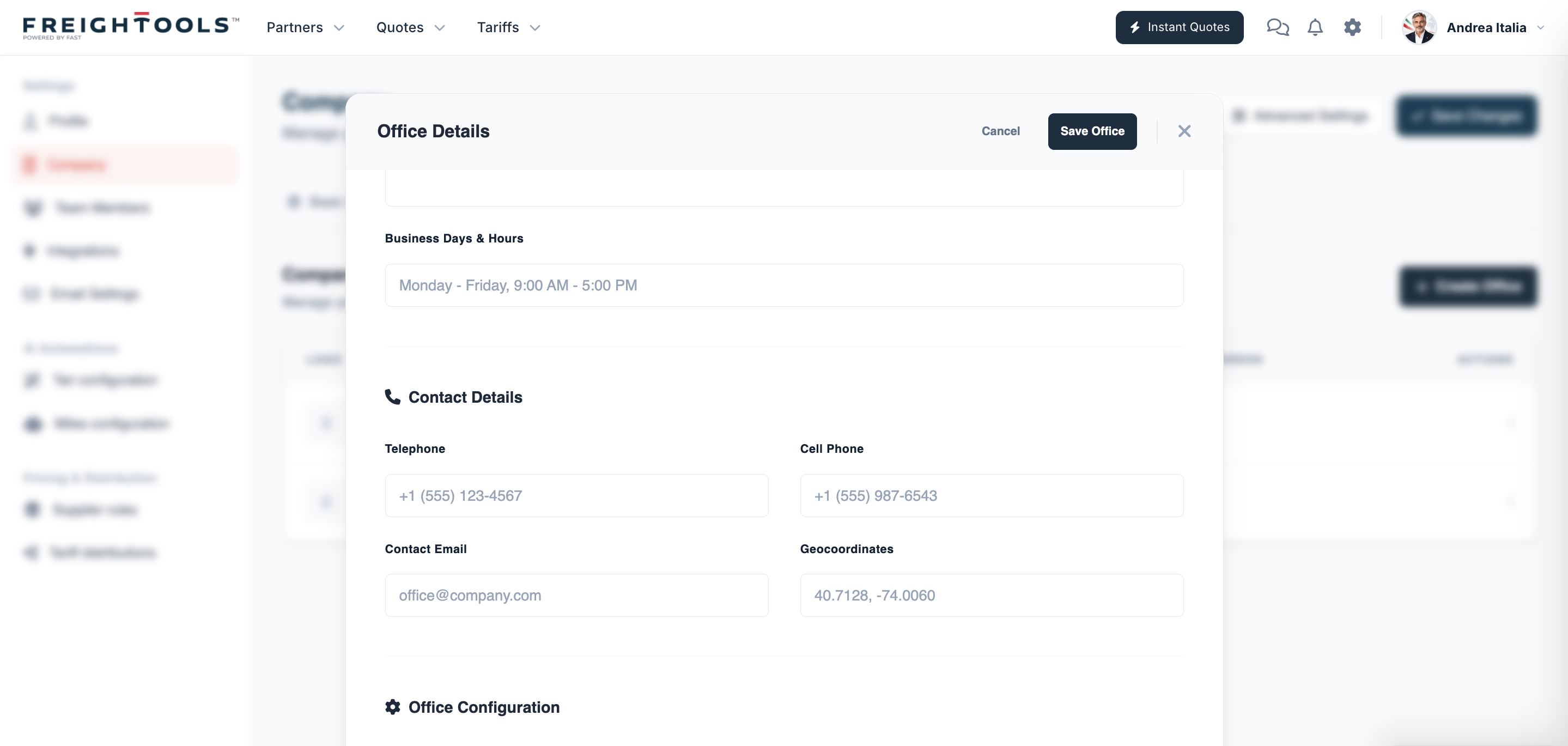 Business Days & Hours above the Contact Details fields