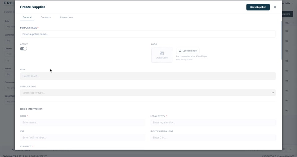 The Create Supplier form: supplier name, active status, logo, role and supplier type