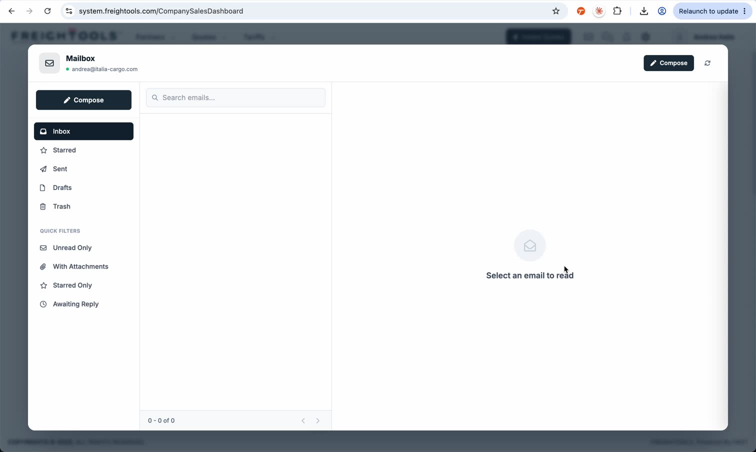 The mailbox layout shows the connected address, Compose, Inbox, Starred, Sent, Drafts, Trash, Search emails and the four quick filters.