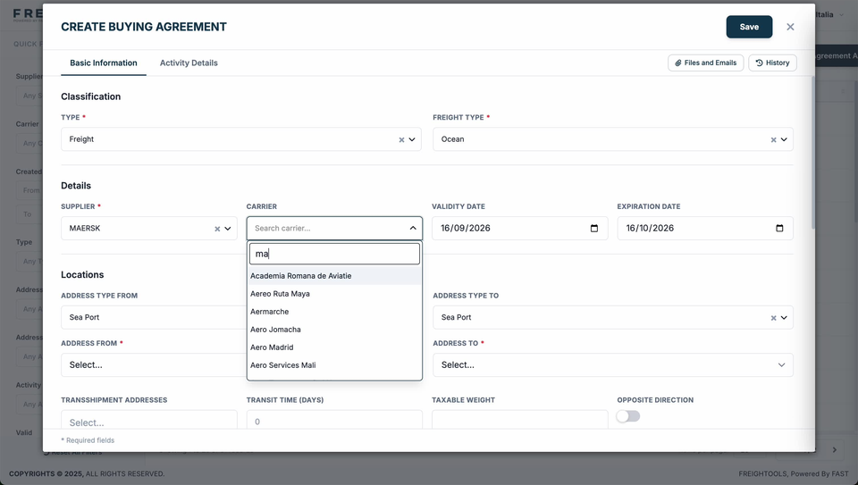 The Create Buying Agreement form with Type set to Freight, Freight type set to Ocean, Supplier showing MAERSK and the Carrier search list open