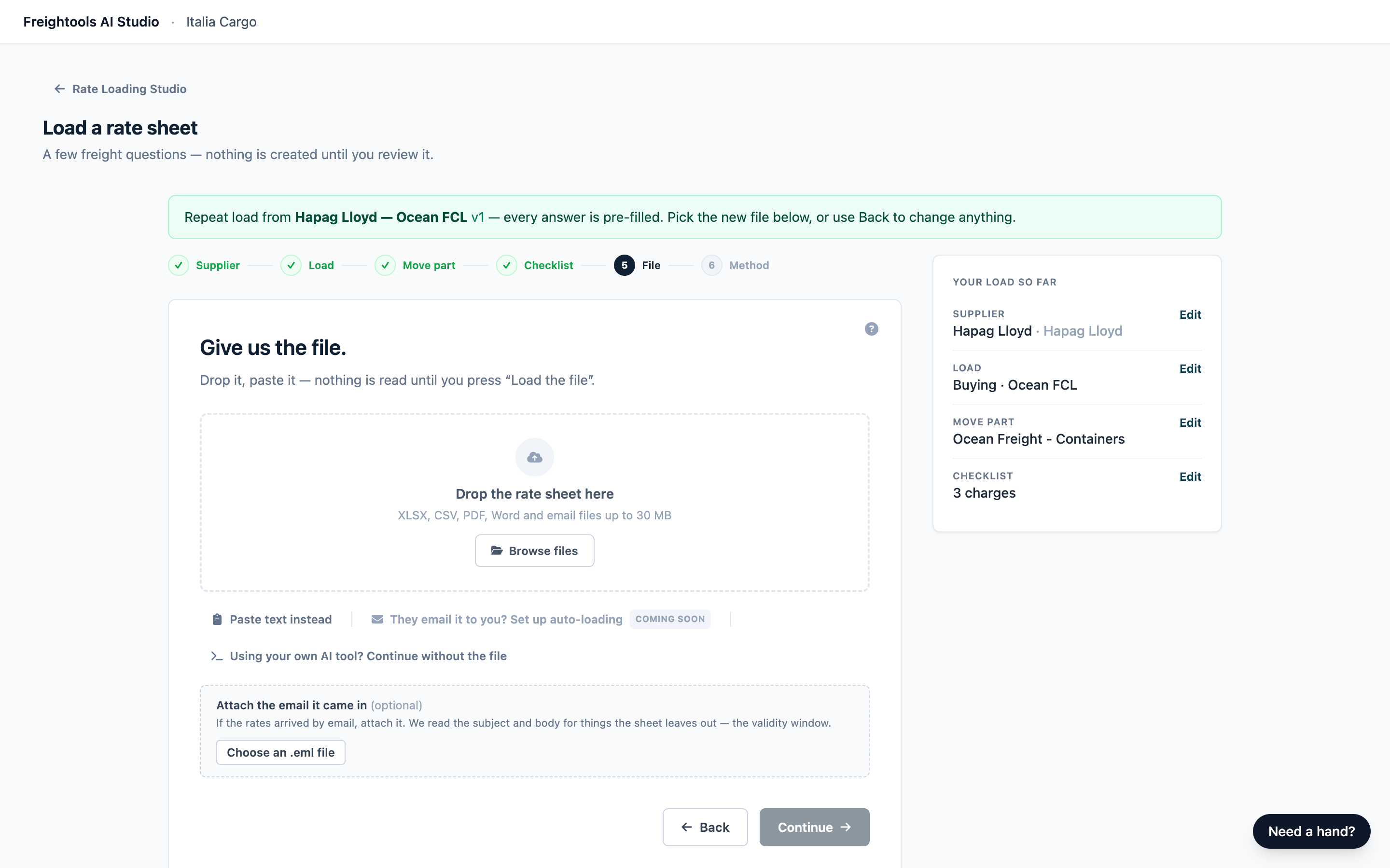 Load a rate sheet opened from a saved configuration, with the green Repeat load banner and the File step active