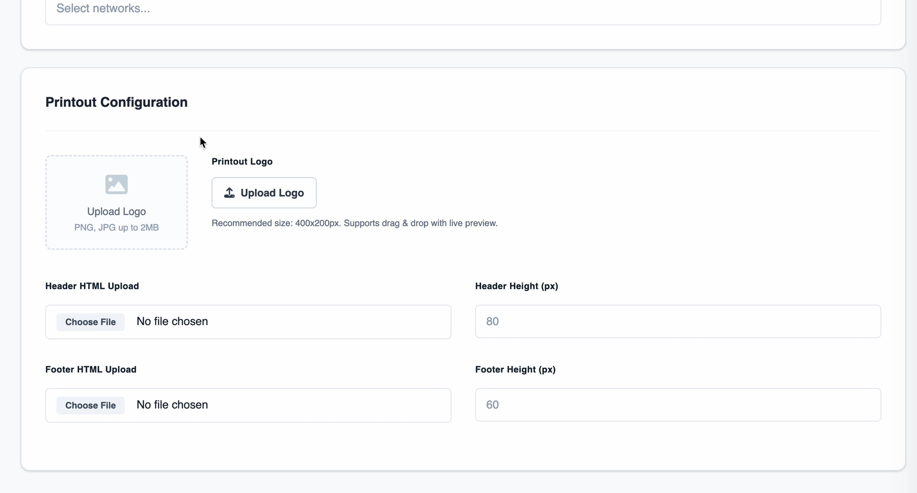 Printout Configuration: the printout logo, and the header and footer HTML uploads with their heights
