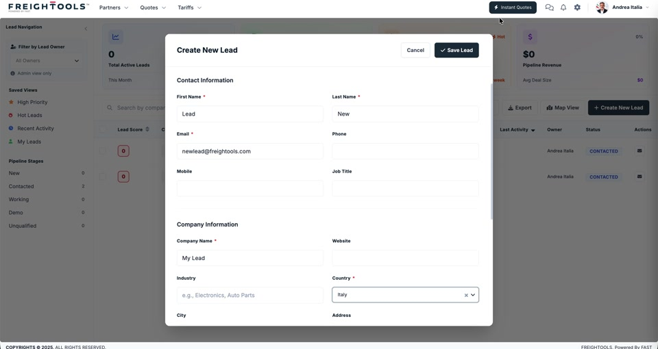 Contact Information and Company Information filled in on the Create New Lead form