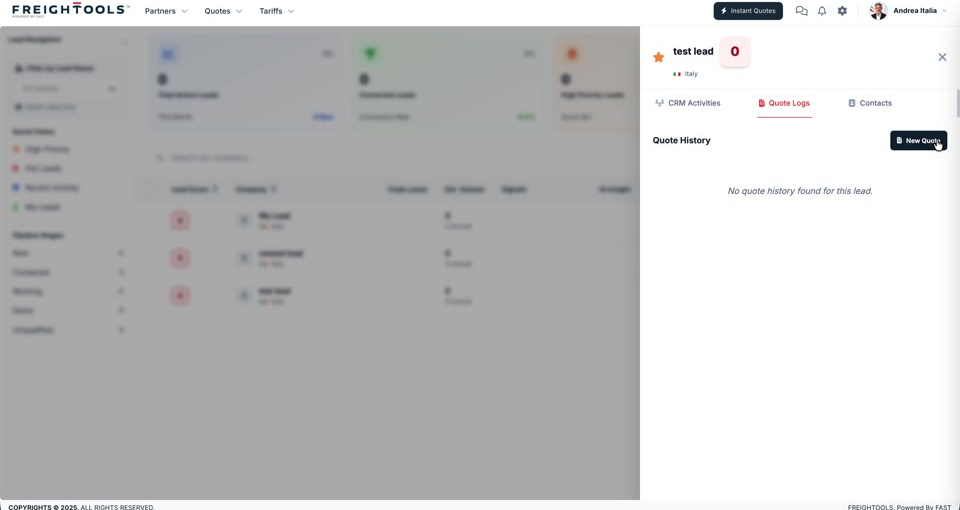 The Quote Logs tab on a lead, with Quote History and the New Quote button