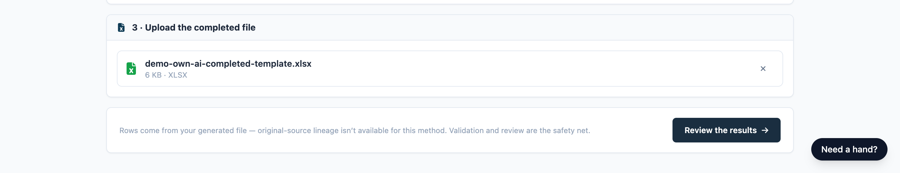 Section 3 with a completed file picked and the Review the results button ready