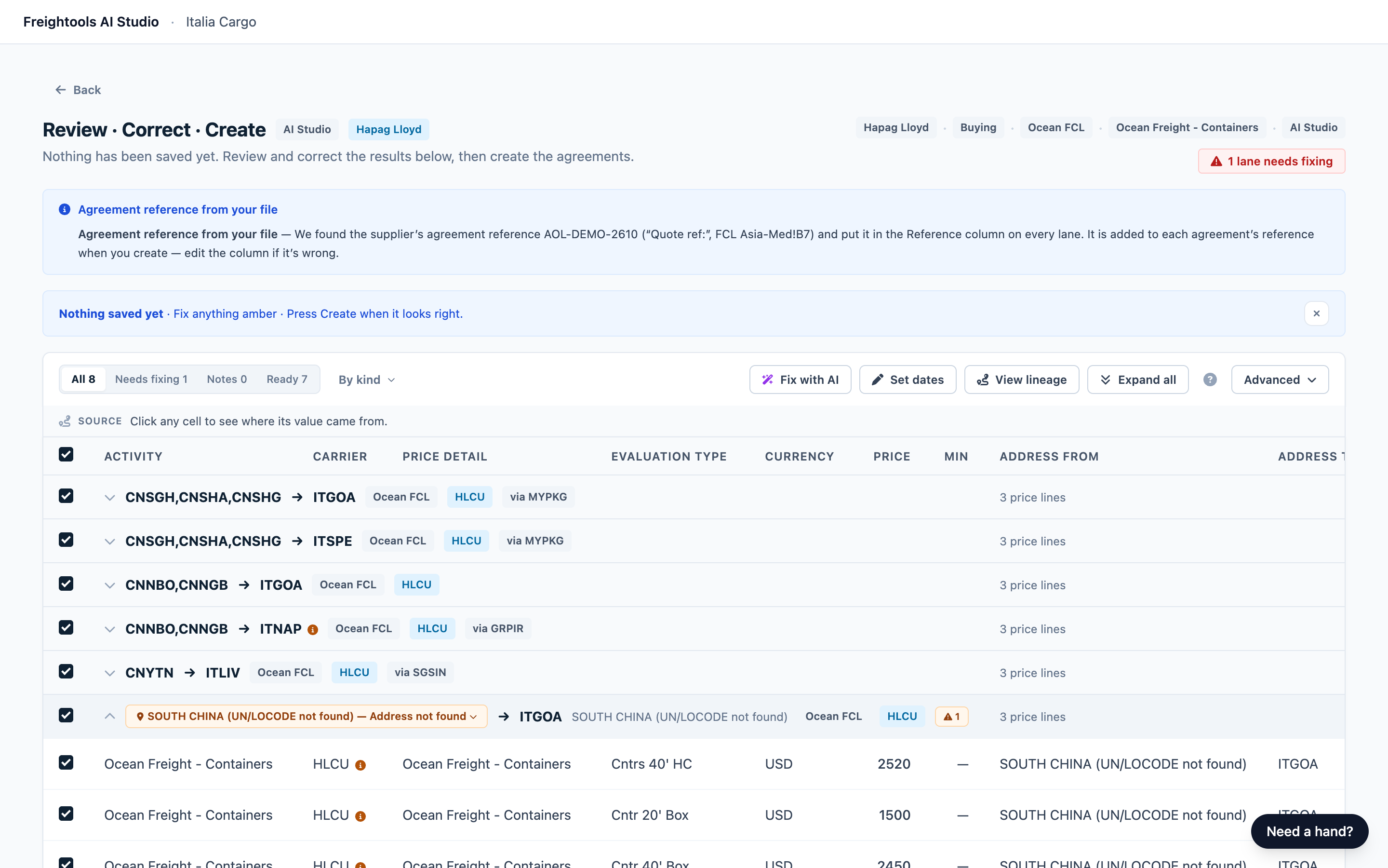 The Review · Correct · Create screen for a demo ocean FCL rate sheet, with the All, Needs fixing, Notes and Ready filters, one lane opened to show its price lines, and the Create button in the bottom bar
