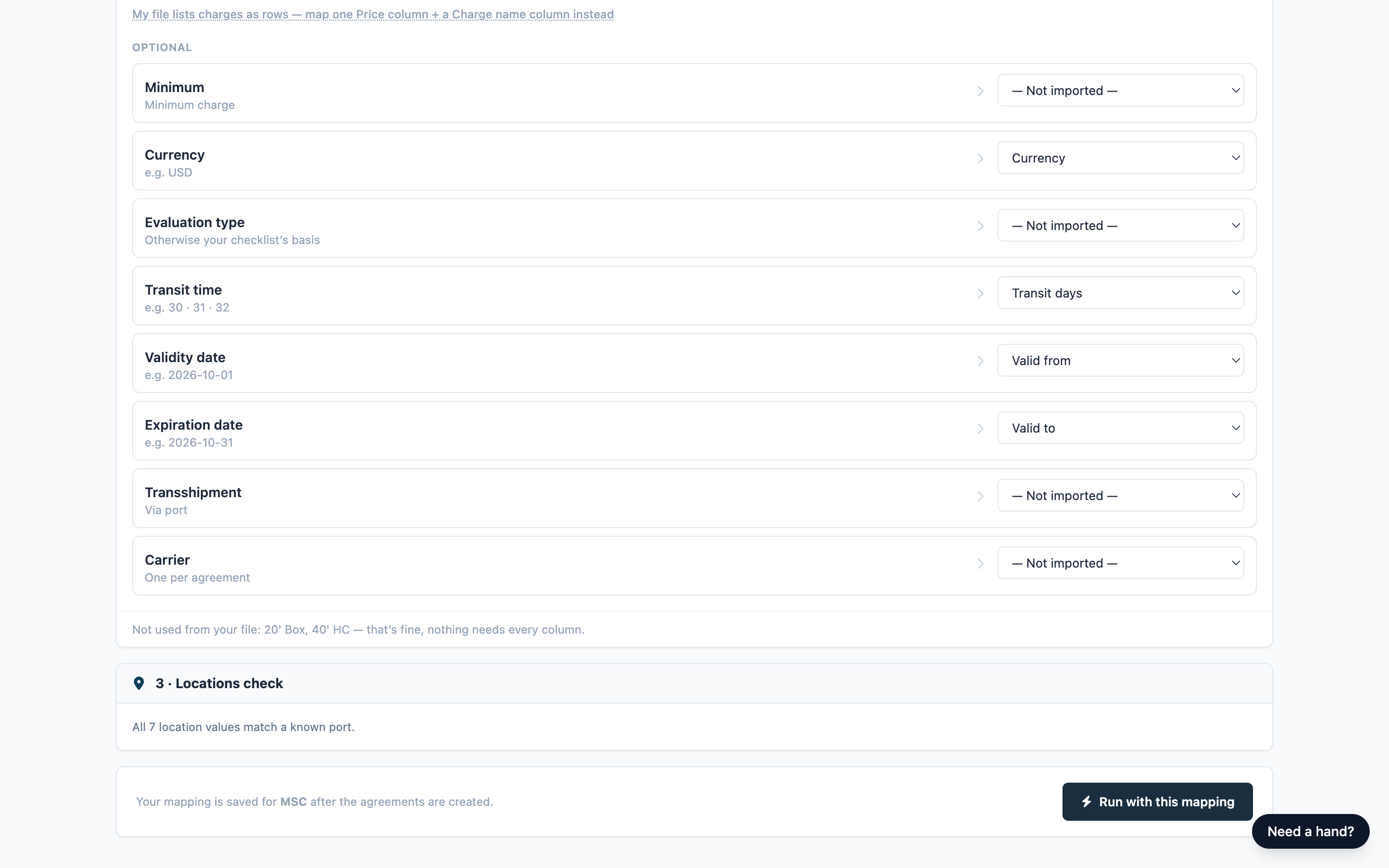 Section 3 Locations check and the footer with Run with this mapping