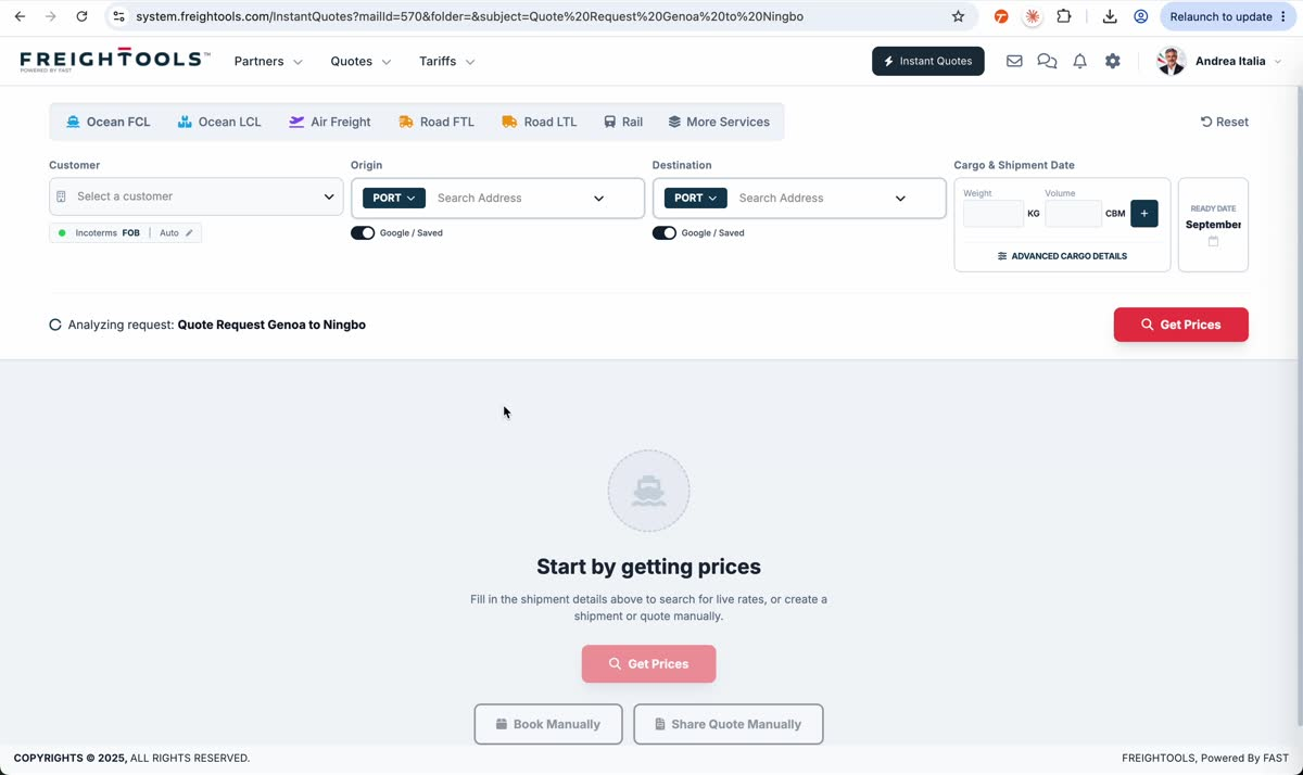 Instant Quote opens from the email and shows Analyzing request: Quote Request Genoa to Ningbo while the request is being processed.