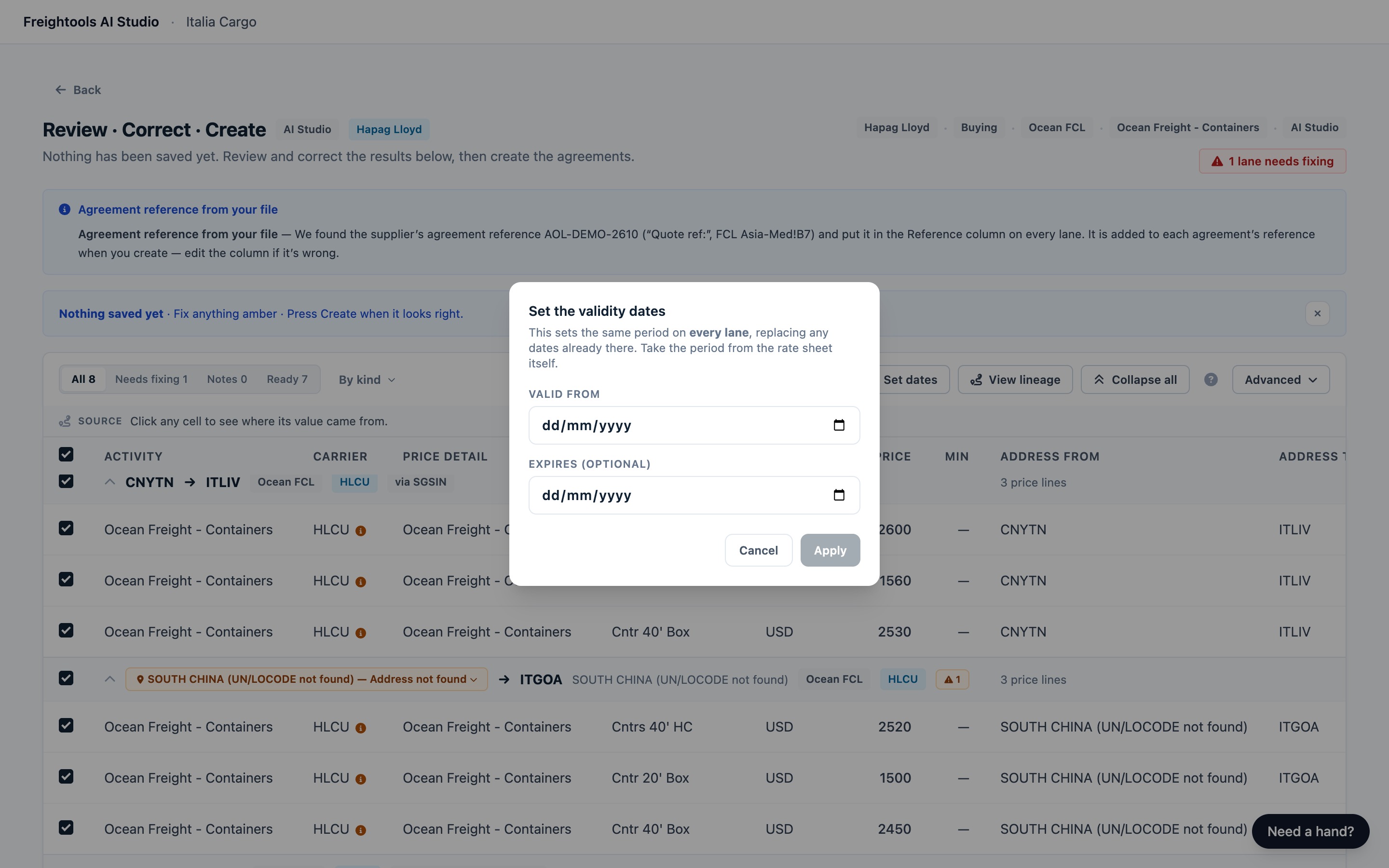 The "Set the validity dates" dialog with dates filled in, the amber replacement note and the Apply button