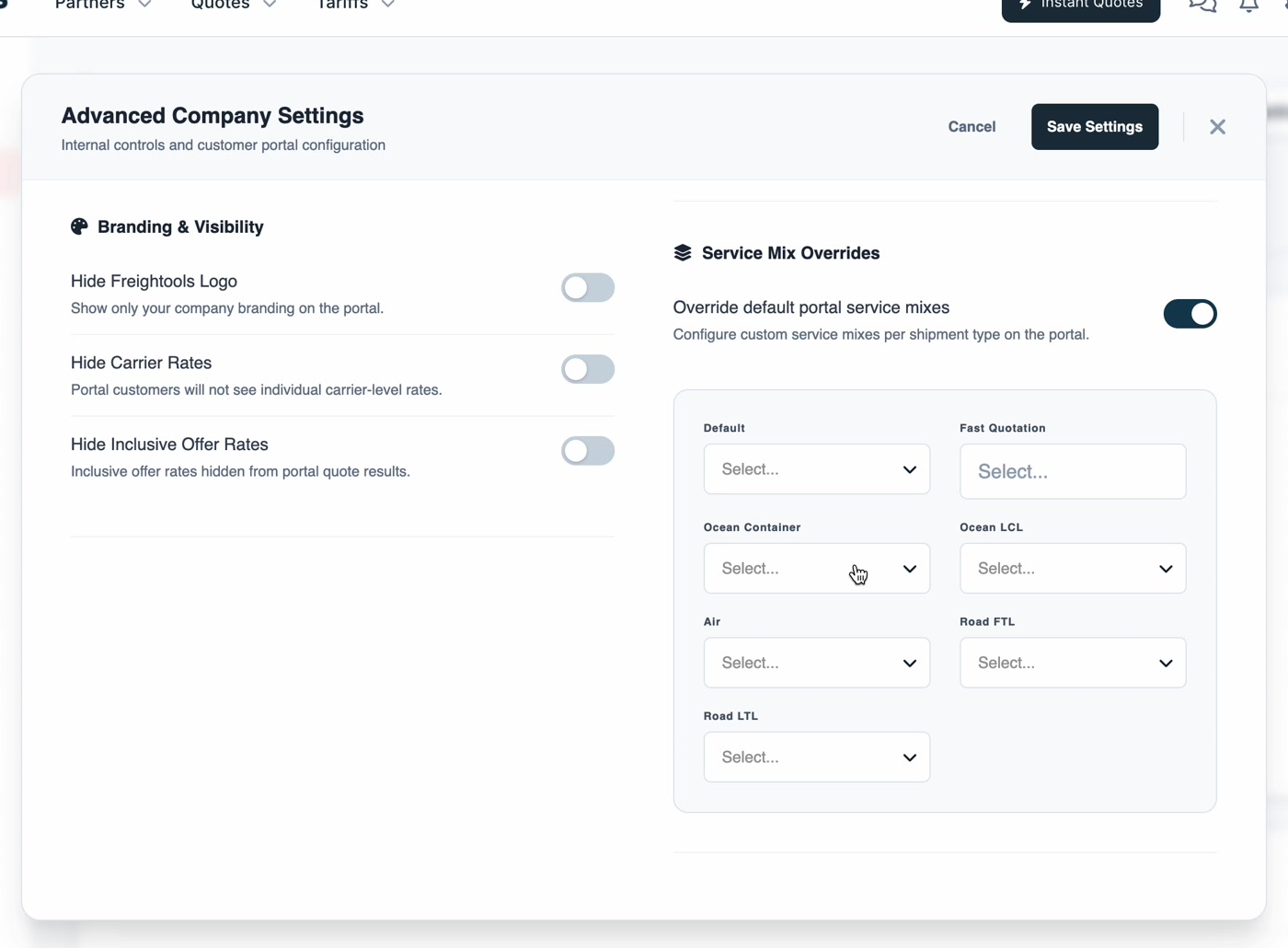 Service Mix Overrides on, with a selector for each portal shipment type