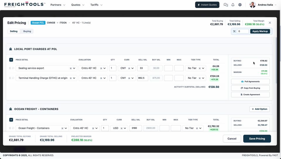 The Edit Pricing screen on the Selling tab: Total Buying €2,881.79, Total Selling €3,169.96 and Total Margin €288.18 (10.0%) in the header, the % box and Apply Markup button under them, and the LOCAL PORT CHARGES AT POL activity with two CNY price lines whose SELL VAL boxes are white and editable while their BUY VAL boxes are greyed out