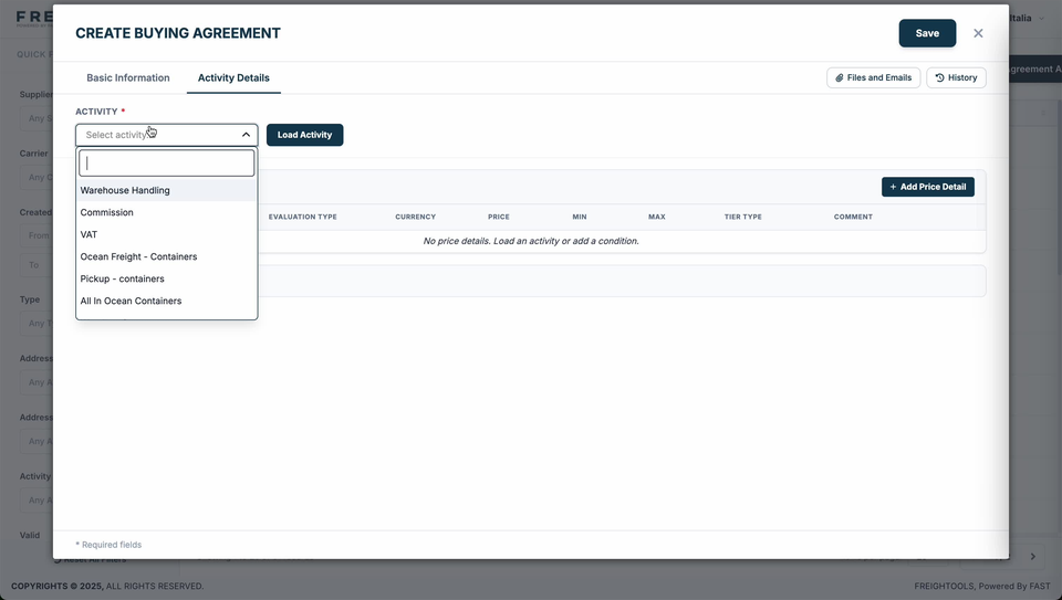 The Activity Details tab with the Activity list open, listing Warehouse Handling, Commission, VAT, Ocean Freight - Containers, Pickup - containers and All In Ocean Containers, over an empty price table