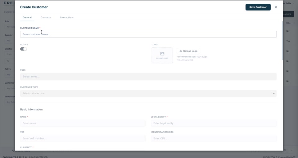 The Create Customer form: name, active status, logo, role, customer type and Basic Information