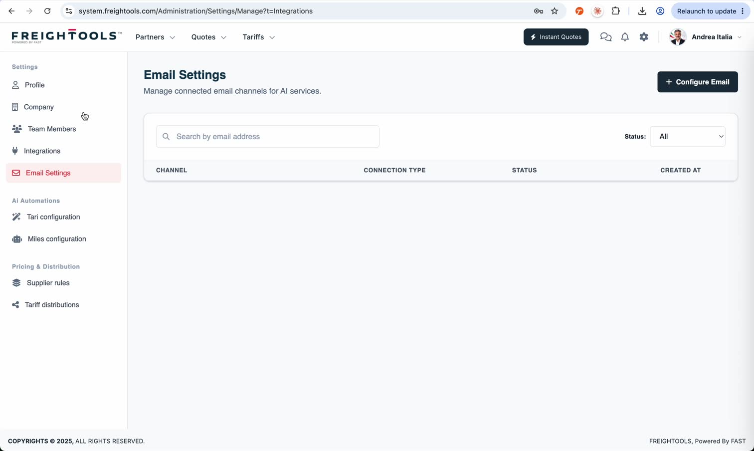 Email Settings is a separate company-level page with Configure Email and the description Manage connected email channels for AI services.