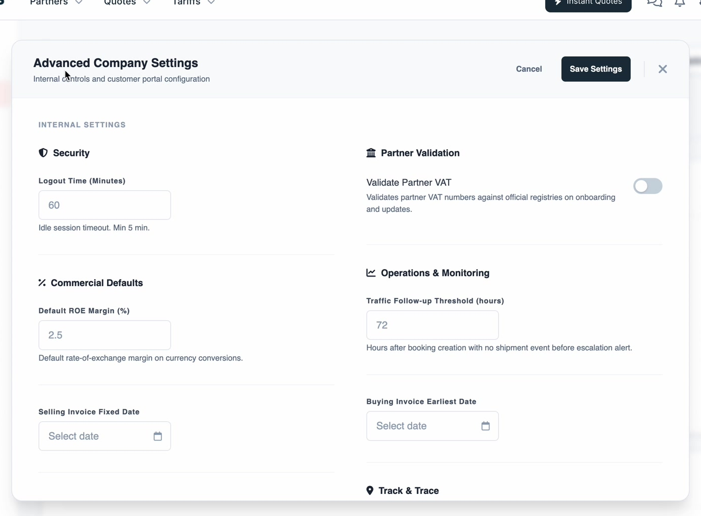 Advanced Company Settings: Security, Partner Validation, Commercial Defaults and Operations & Monitoring