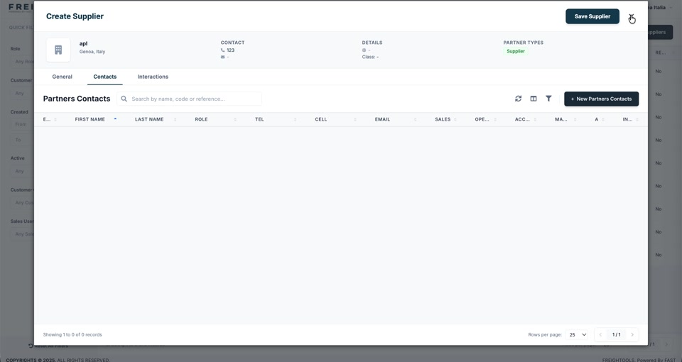The Contacts tab on a supplier, showing the Partners Contacts grid and its New Partners Contacts button