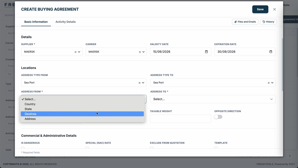 The Address from dropdown open under Locations, listing Select, Country, State, GeoArea and Address
