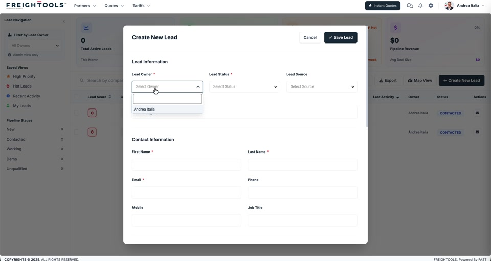 The Create New Lead form, with the Lead Owner list open