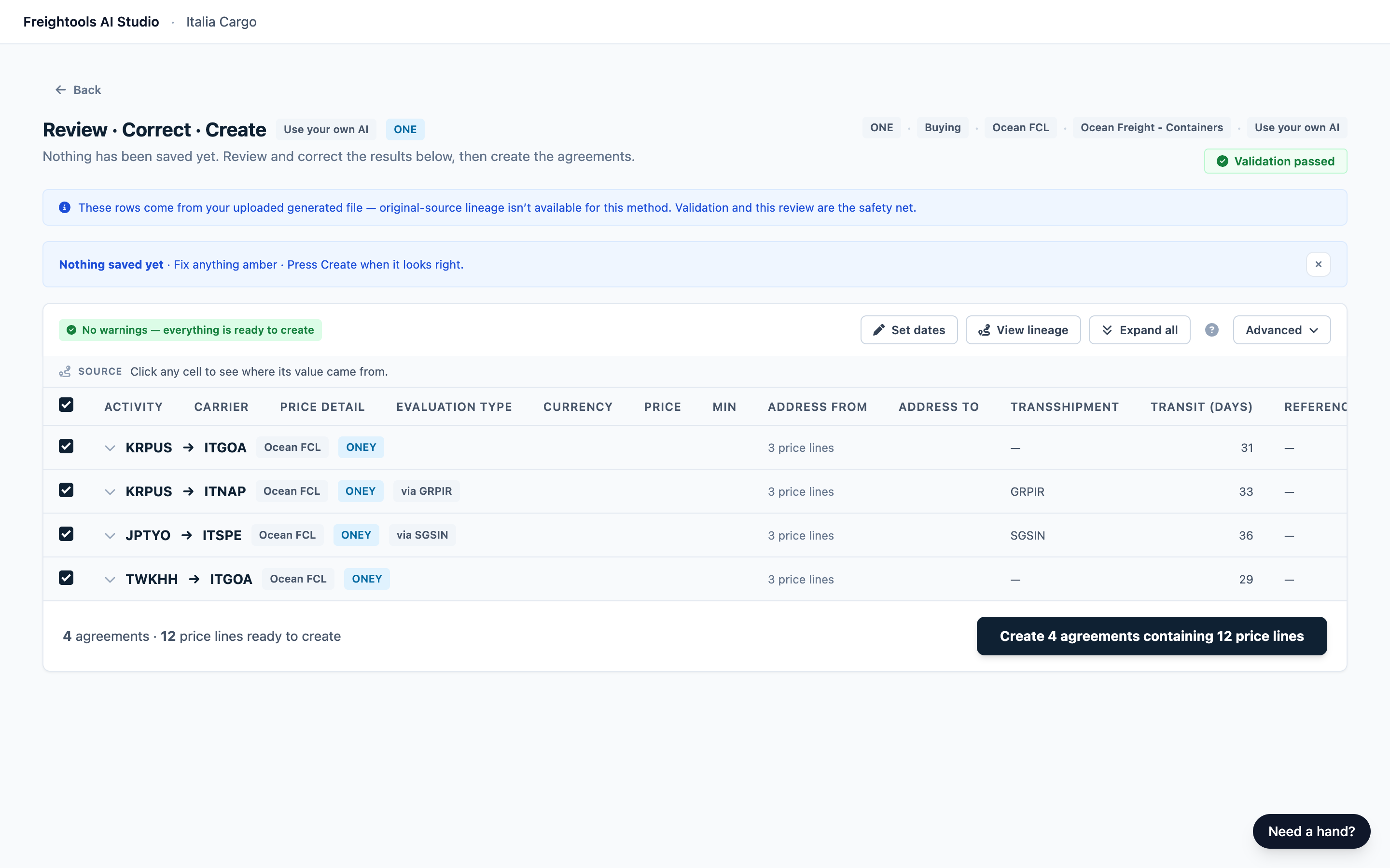 The top of the review screen with the blue note about rows from your uploaded file