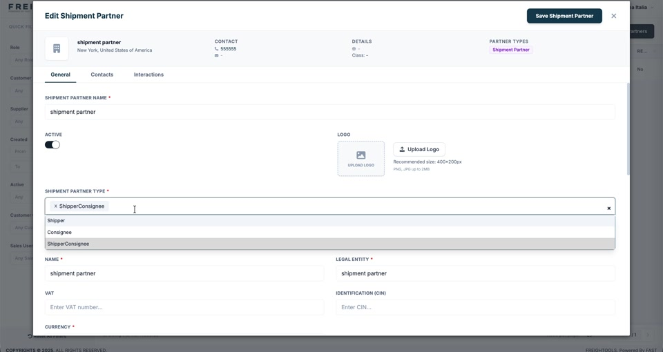 The Shipment Partner Type list open on a shipment partner record