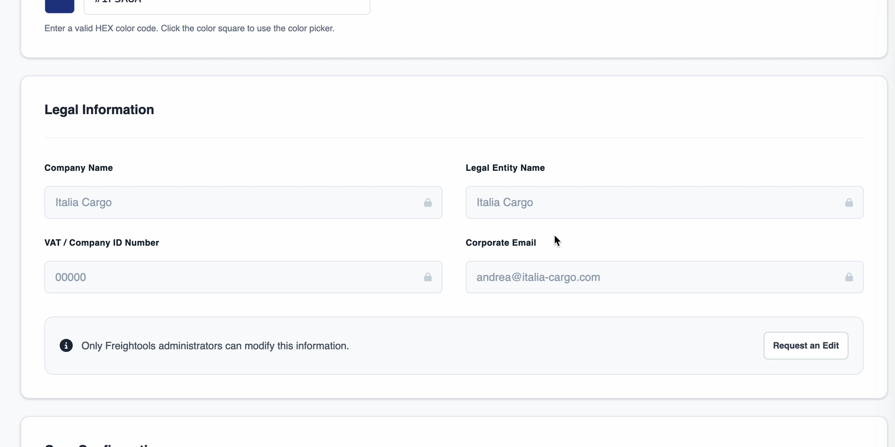 Legal Information, with padlocked fields and the Request an Edit button