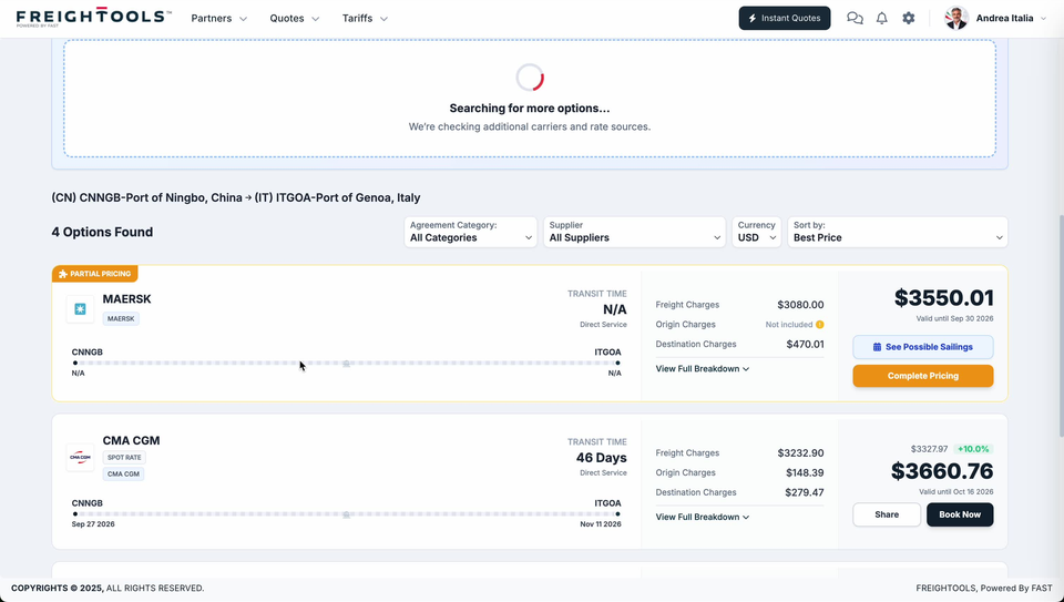 The Instant Quote results for a route line reading "(CN) CNNGB-Port of Ningbo, China → (IT) ITGOA-Port of Genoa, Italy": a dashed "Searching for more options…" panel above it, the count reading 4 Options Found while the search is still running, the Agreement Category (All Categories), Supplier (All Suppliers), Currency (USD) and Sort by (Best Price) controls, and the first two option cards below them