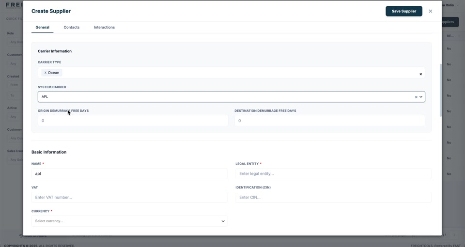 System Carrier set to APL, with the origin and destination demurrage free-day fields