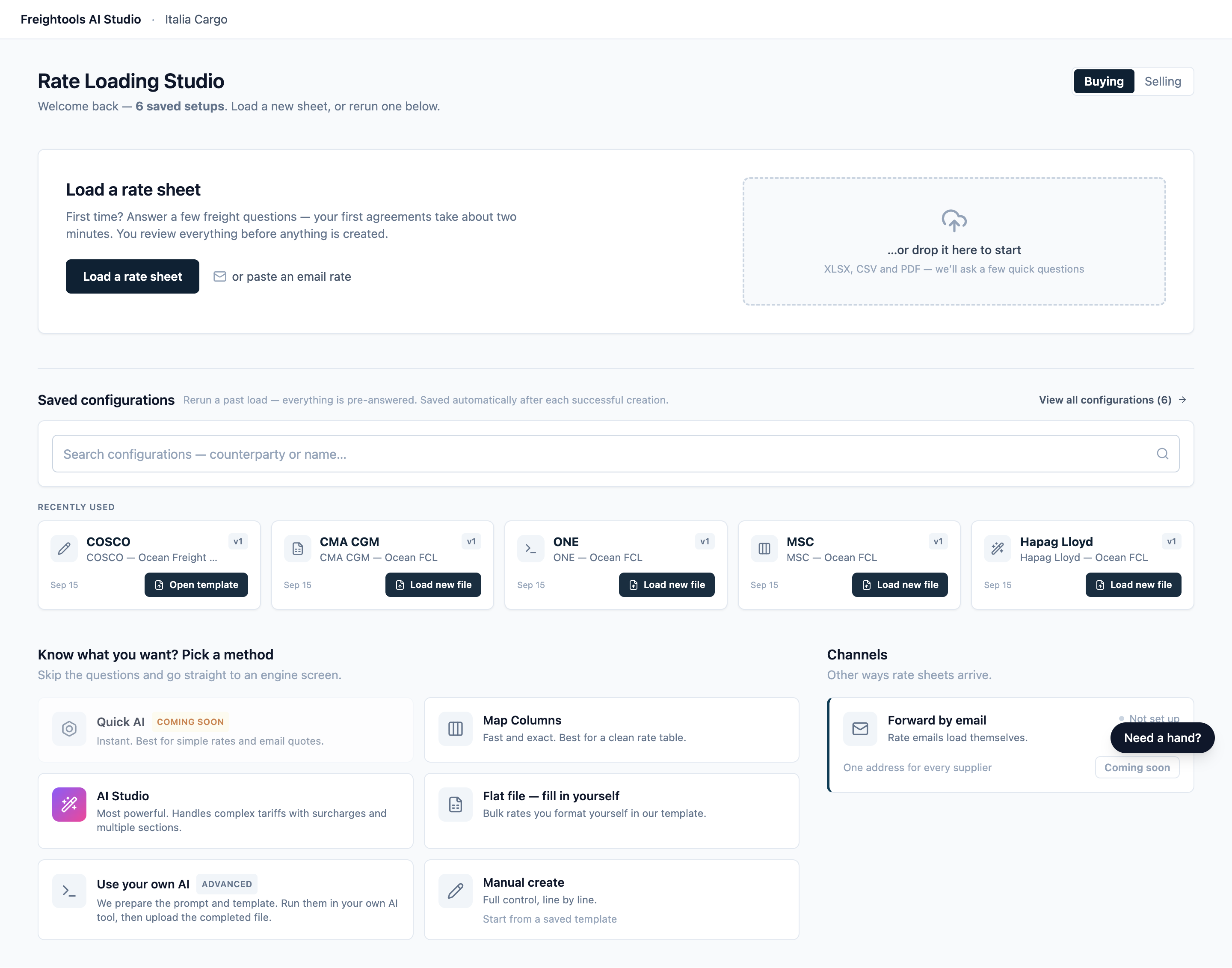 The Freightools AI Studio home screen with Buying selected, the Load a rate sheet panel, Saved configurations, and the method cards, including Quick AI marked Coming soon