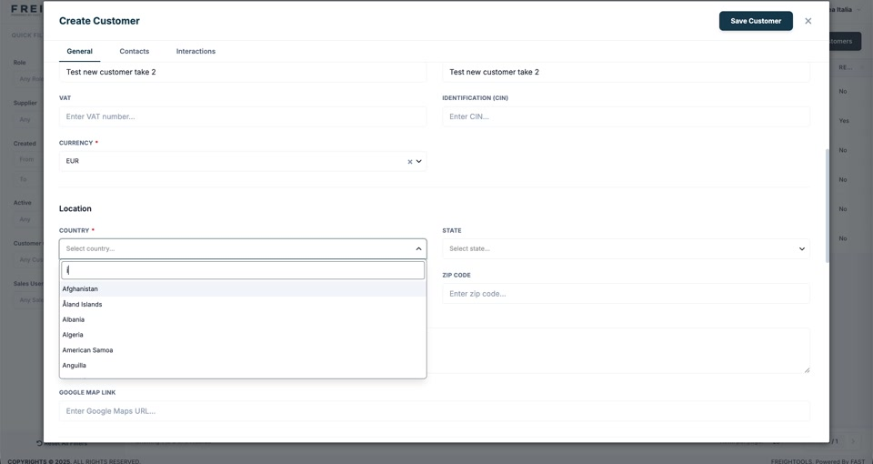 The Location section of the Create Customer form, with the country list open