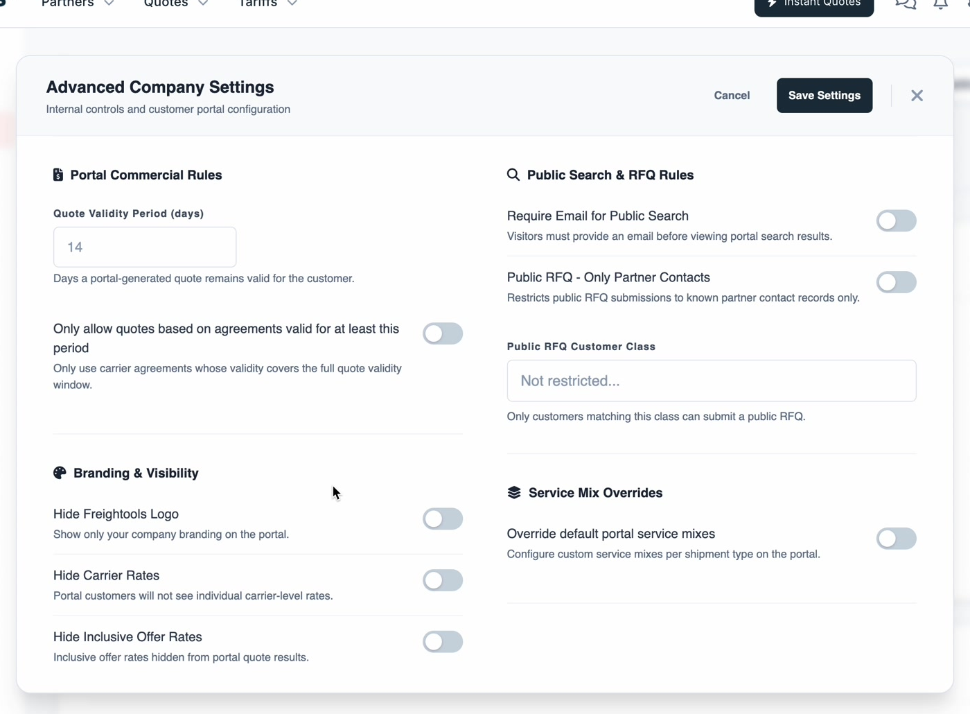 Portal Commercial Rules, Public Search & RFQ Rules and Branding & Visibility