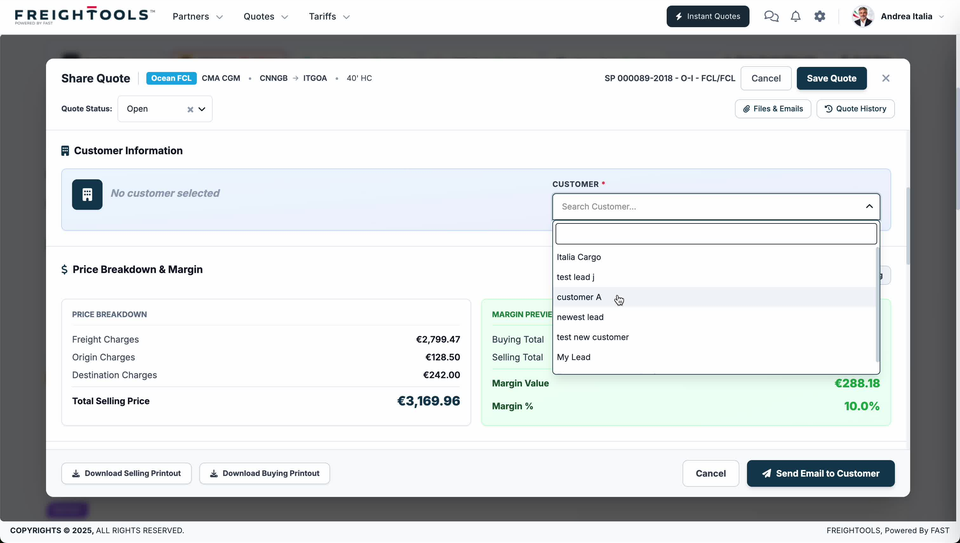 The Share Quote screen with the CUSTOMER list open over the Price Breakdown & Margin section — the left panel reads No customer selected, the open list offers Italia Cargo, test lead j, customer A, newest lead, test new customer and My Lead, the white Price Breakdown card lists Freight Charges €2,799.47, Origin Charges €128.50 and Destination Charges €242.00 above a Total Selling Price of €3,169.96, and the green Margin Preview card shows Margin Value €288.18 and Margin % 10.0%