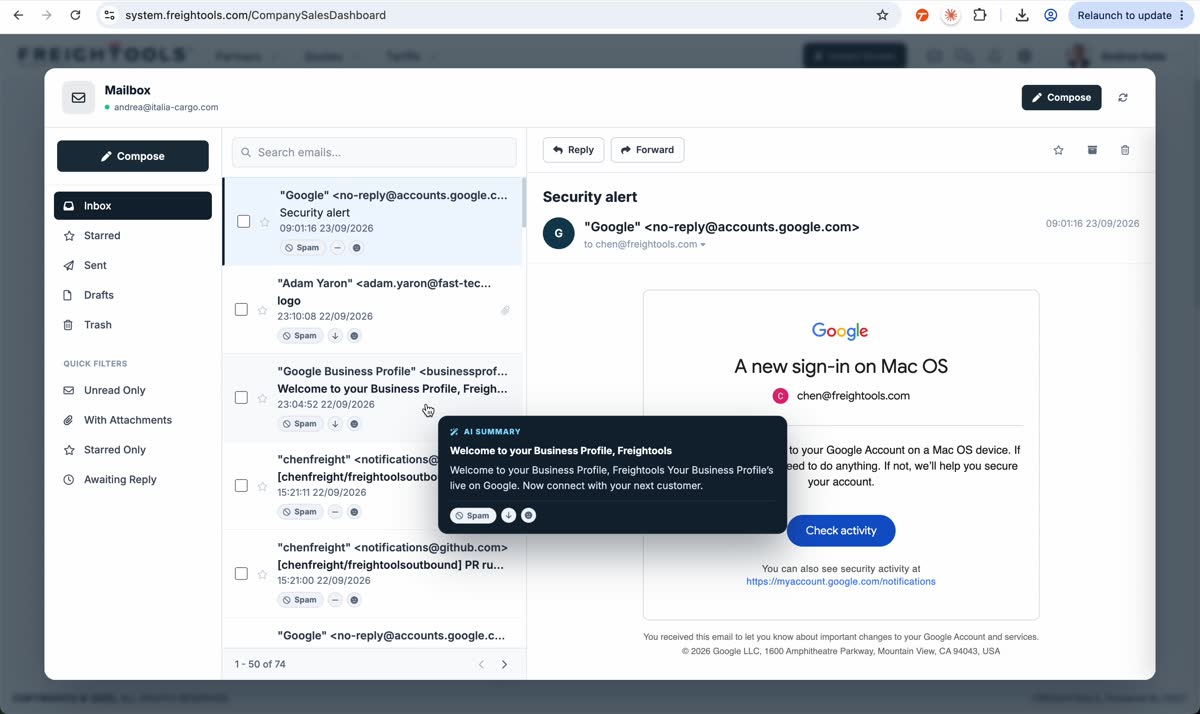 A mailbox email classified as Spam shows its AI Summary panel and the analysis signals on the email row.