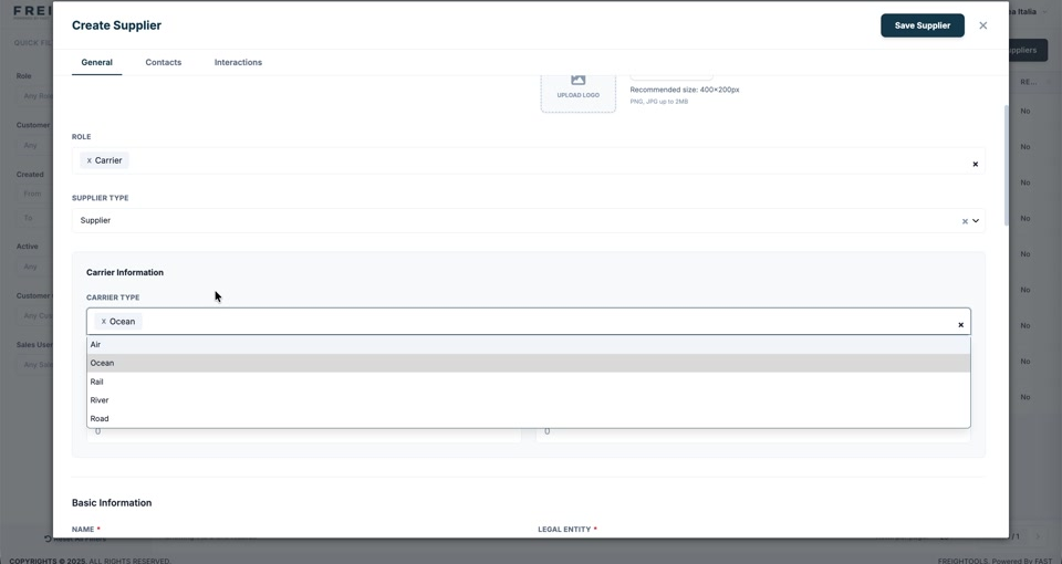 Carrier Information appearing after the Carrier role is selected, with the Carrier Type list open