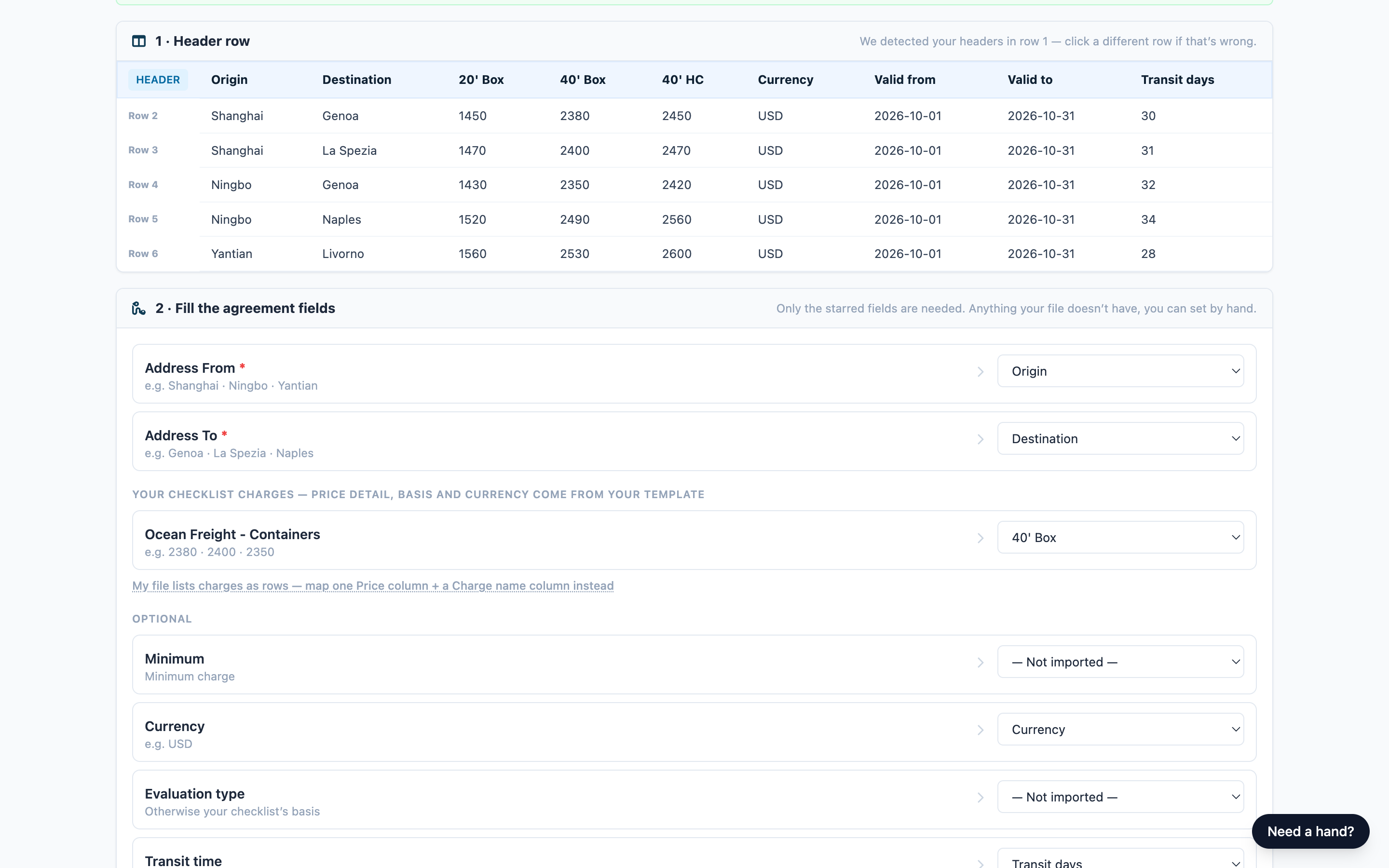 Address From, Address To and a checklist charge mapped to columns, with sample values