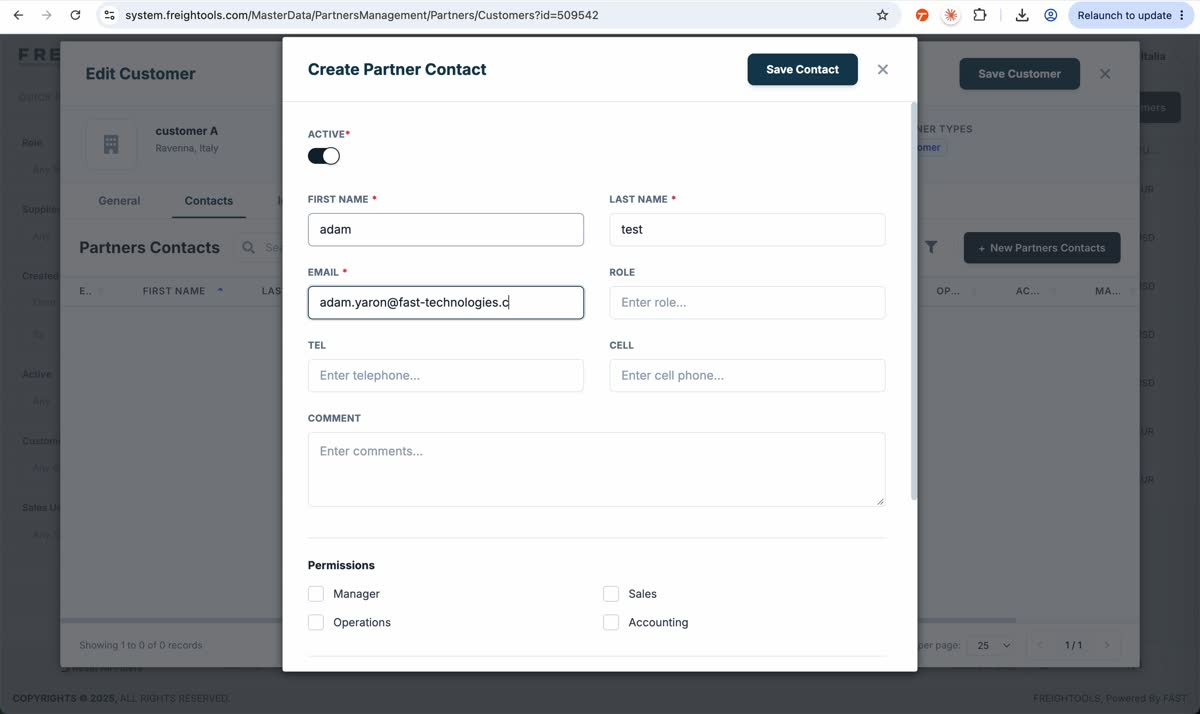 The recorded example enters the quotation sender email into the Email field before saving the customer contact.