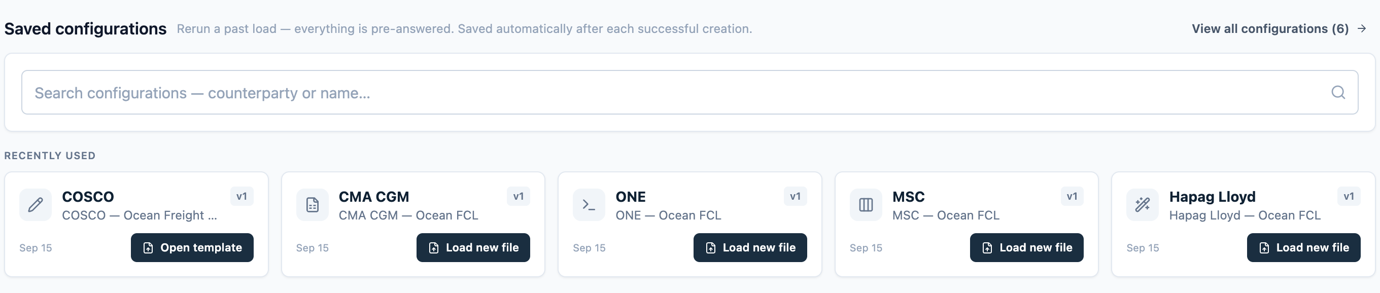 The Saved configurations search box and a Recently used card
