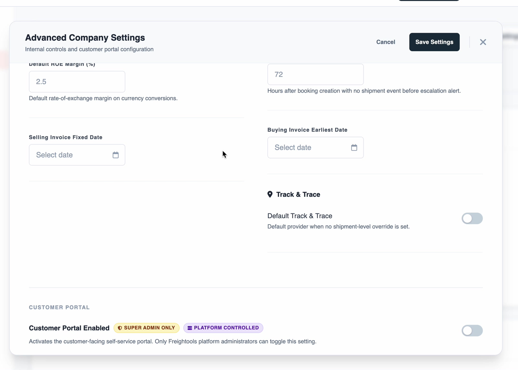 The lower half of the dialog: Track & Trace and the Customer Portal section