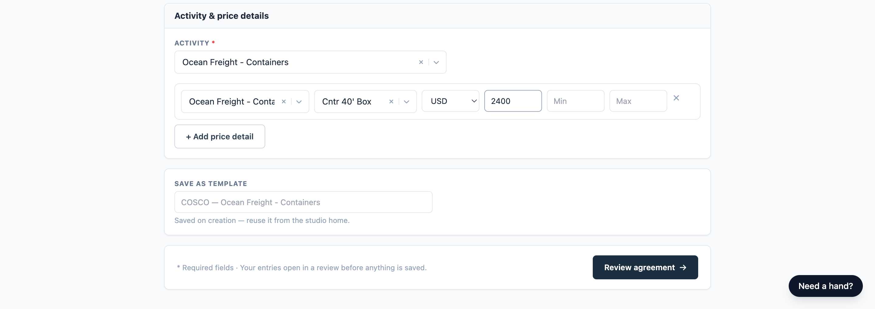 Activity & price details with one completed price line