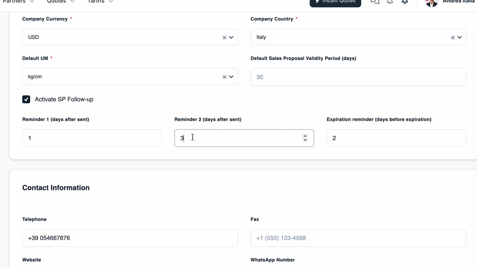 Activate SP Follow-up ticked, showing Reminder 1, Reminder 2 and the expiration reminder
