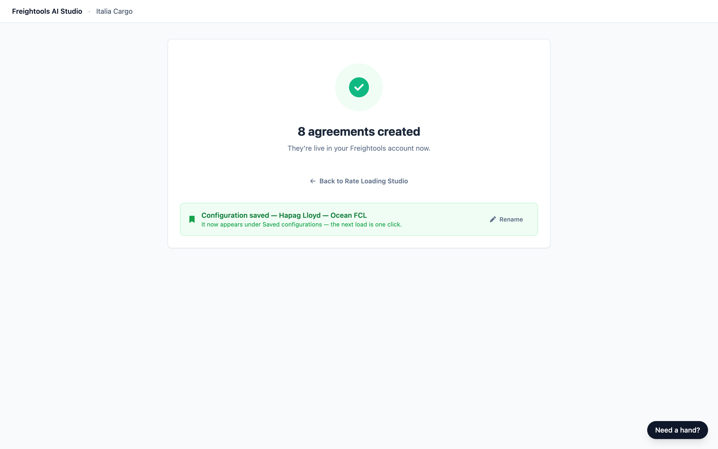 The results screen after a successful create, with the Configuration saved strip