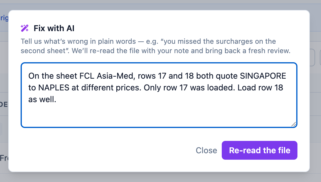 The Fix with AI dialog with a note typed in