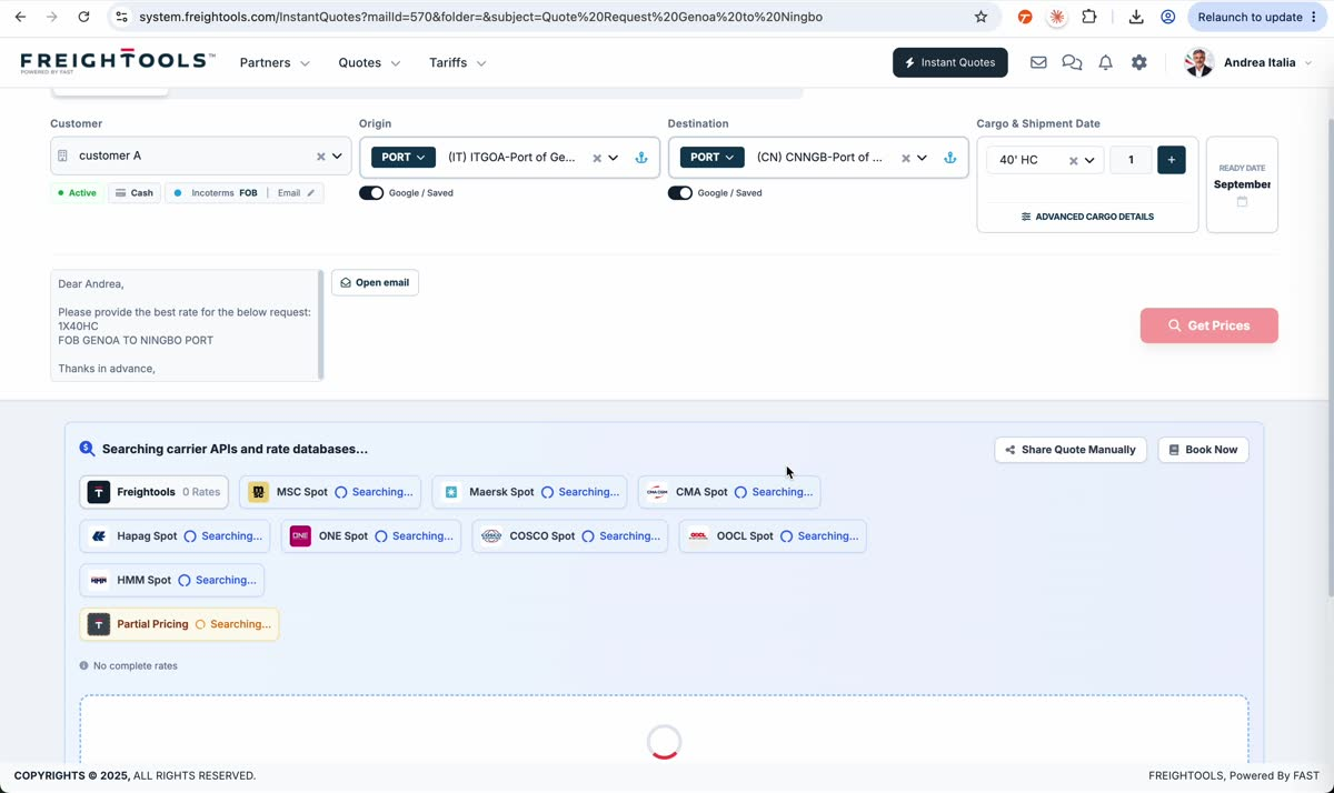 The successfully analyzed request is attached to customer A and fills Port of Genoa to Port of Ningbo, 40 HC x 1, while carrier and rate sources are being searched.