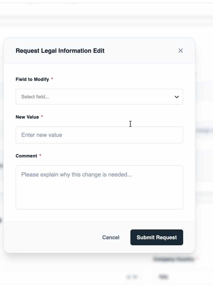 The Request Legal Information Edit dialog: Field to Modify, New Value and Comment