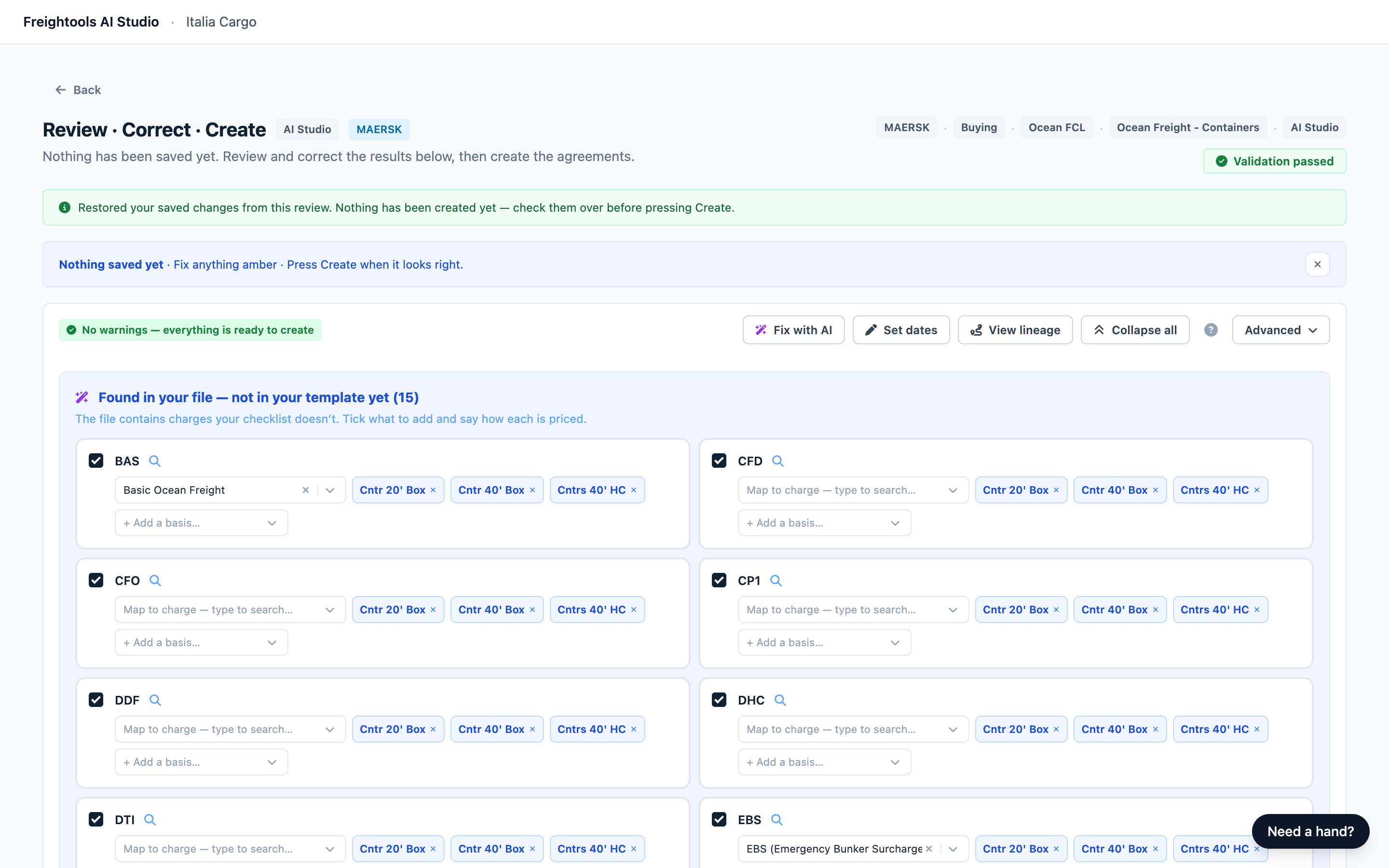 The Found in your file panel with a charge mapped and priced