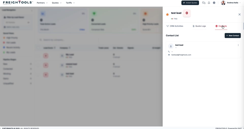 The Contacts tab on a lead, showing the Contact List and the New Contact button