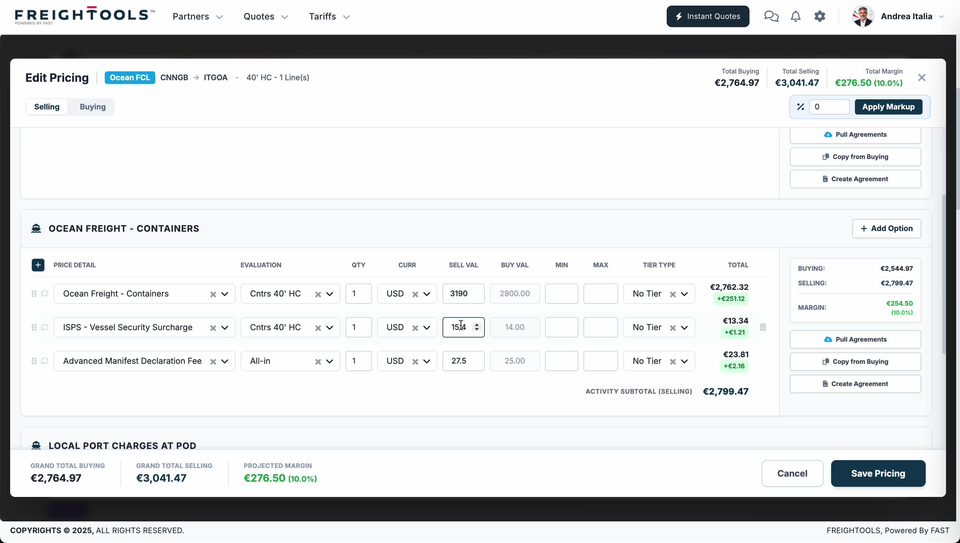 Three price lines in OCEAN FREIGHT - CONTAINERS on the Selling tab — Ocean Freight - Containers, ISPS - Vessel Security Surcharge with its SELL VAL box focused and showing spinner arrows, and Advanced Manifest Declaration Fee evaluated All-in — with a faint bin icon at the end of the focused row and ACTIVITY SUBTOTAL (SELLING) €2,799.47 underneath