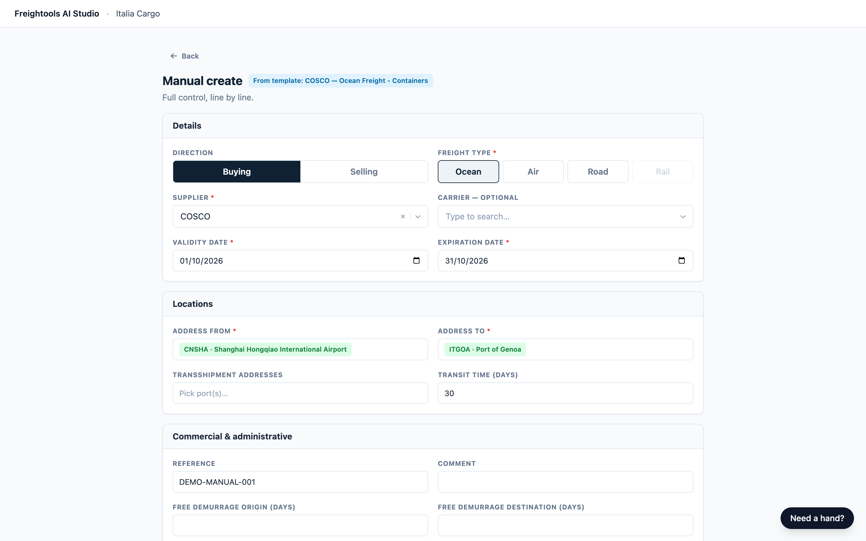 The Manual create form opened from a template, with the From template chip