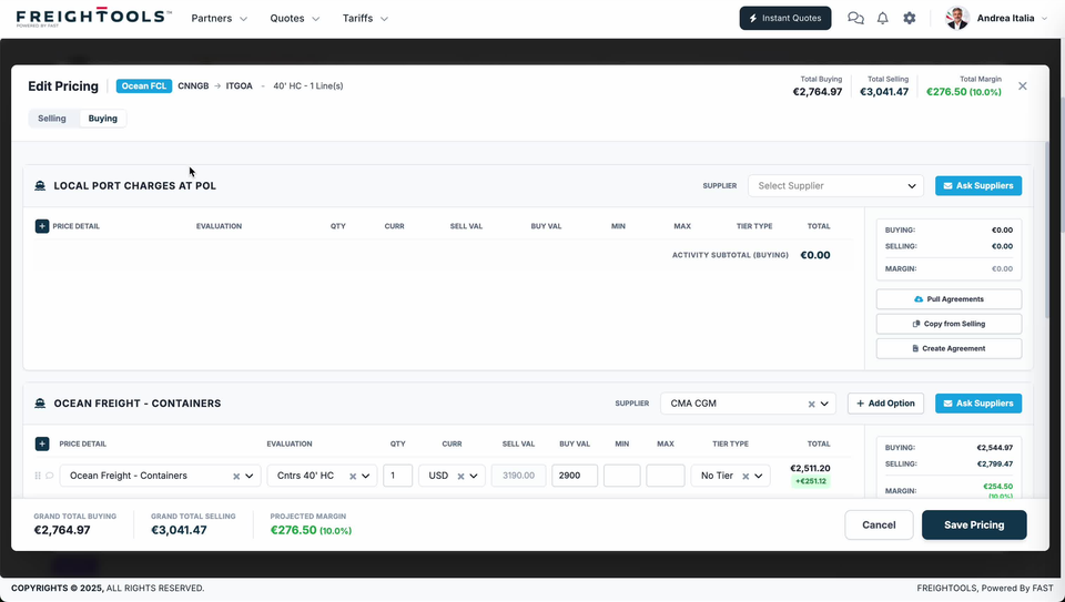 The Buying tab with no markup control in the header, LOCAL PORT CHARGES AT POL holding no price lines with a Select Supplier box, an Ask Suppliers button and ACTIVITY SUBTOTAL (BUYING) €0.00, and OCEAN FREIGHT - CONTAINERS showing CMA CGM as its supplier and a line whose BUY VAL of 2900 is editable while its SELL VAL of 3190.00 is greyed out
