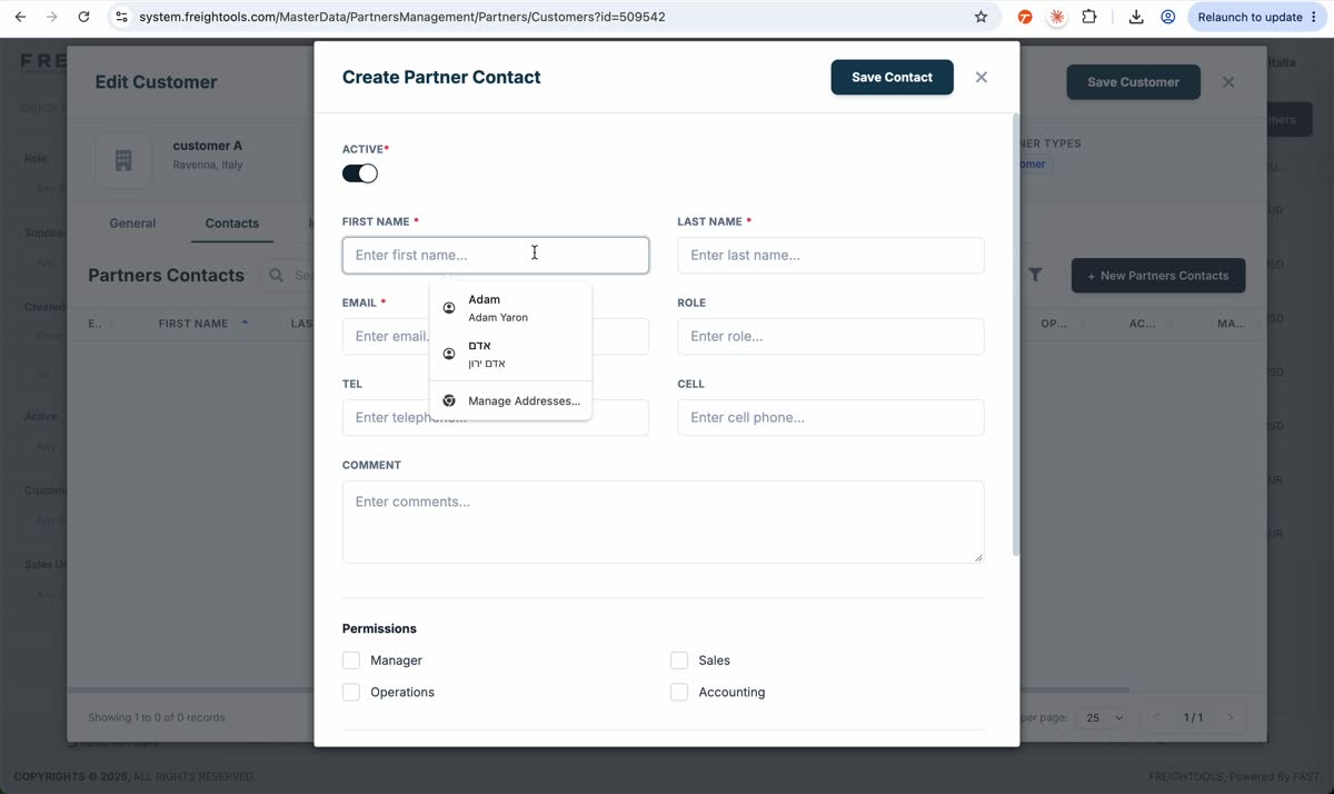 Create Partner Contact is opened from the customer Contacts tab and includes First Name, Last Name, Email, Role, telephone fields and Save Contact.