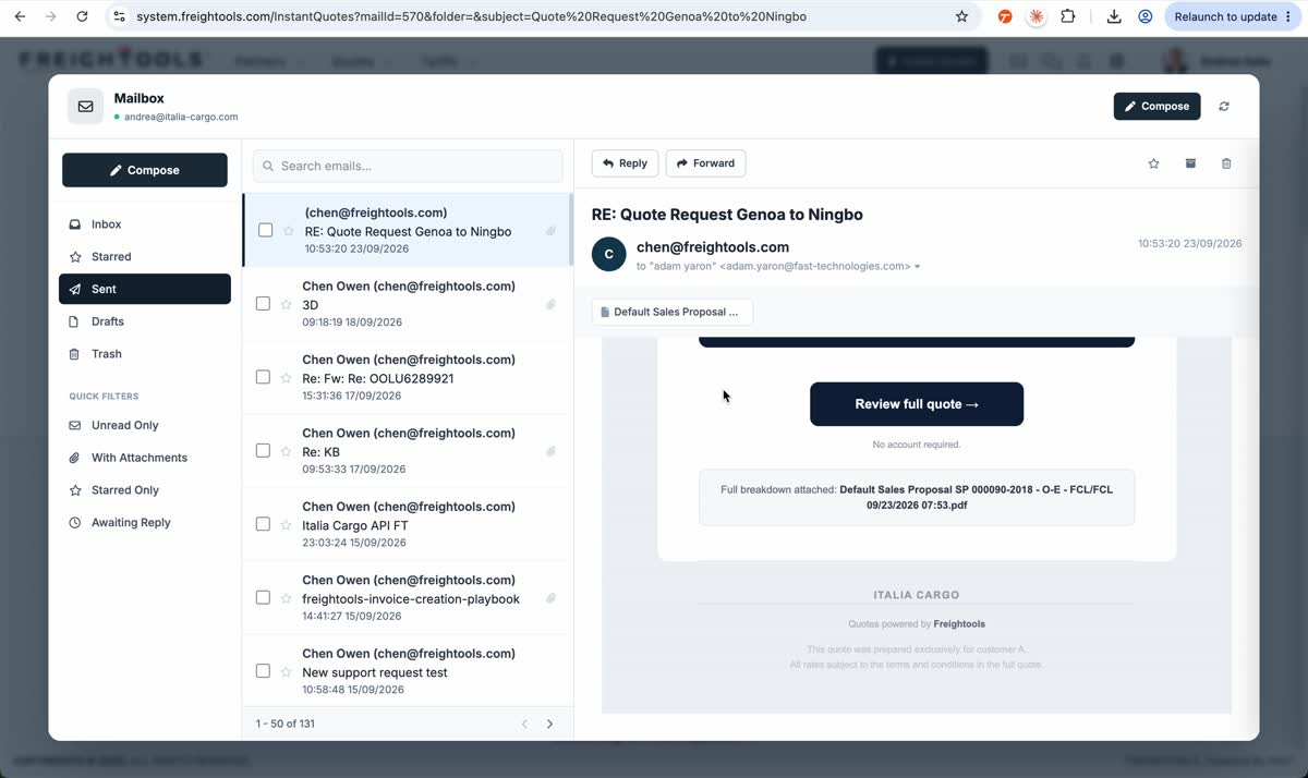 The Sent folder shows a quotation reply email with the Default Sales Proposal attachment and the Review full quote button.